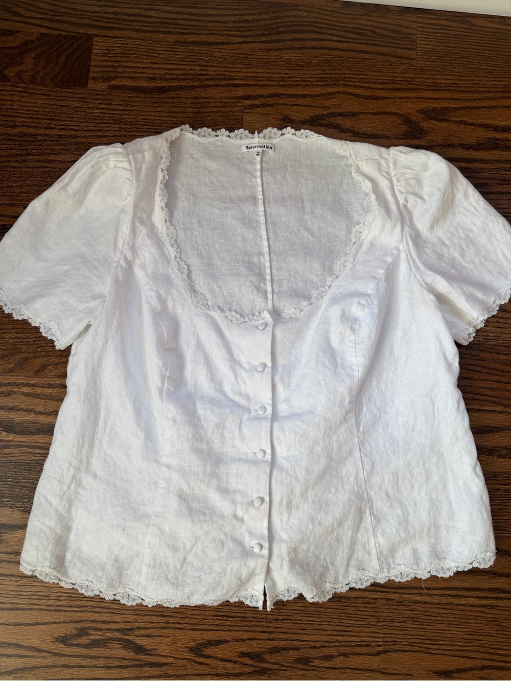 Reformation White Linen Lace-Trim Puff Sleeve Blouse